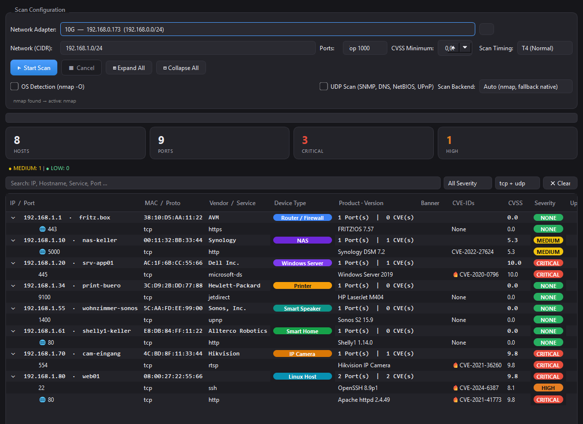LANsentry network scan results with device type, CVE and risk columns